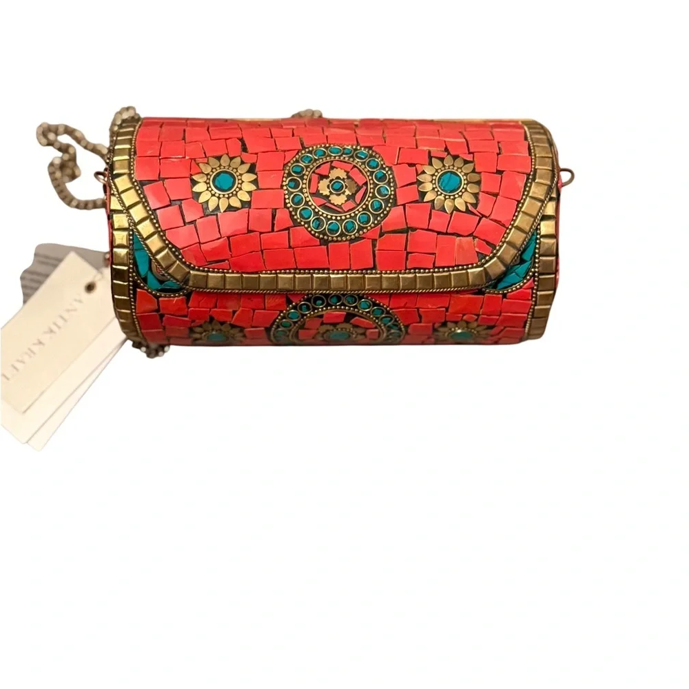 Antik Kraft Handcrafted Cylinder Shell Mosaic Clutch Coral and Turquoise NWT - Picture 1 of 10